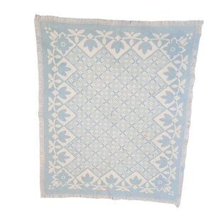 Vintage 50s Blue‎ Baby Blanket Reversible Satin Trim Floral White Well Loved
